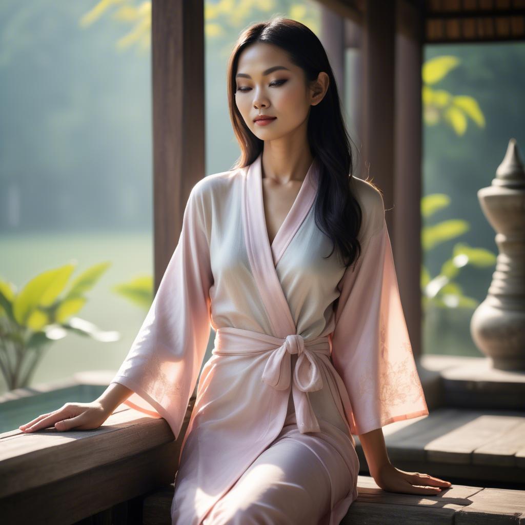 A stunning image of thai muse in delicate pastel robes bathed in gentle morning sunshine.