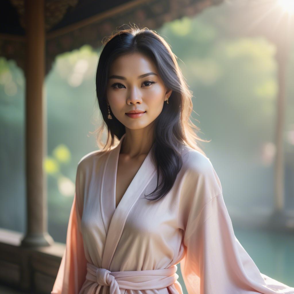A stunning image of thai muse in delicate pastel robes bathed in gentle morning sunshine.