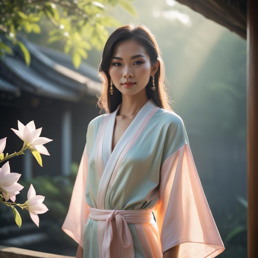 A stunning image of thai muse in delicate pastel robes bathed in gentle morning sunshine.