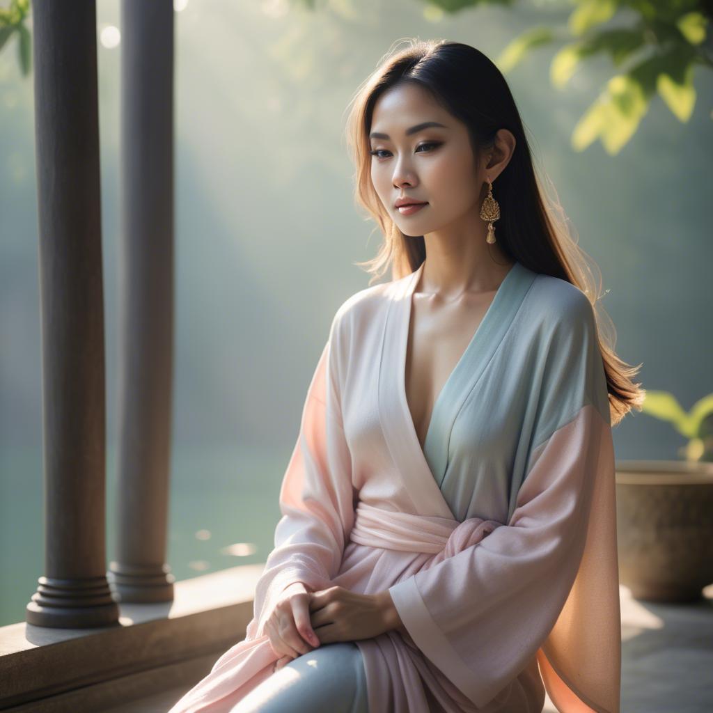 A stunning image of thai muse in delicate pastel robes bathed in gentle morning sunshine.
