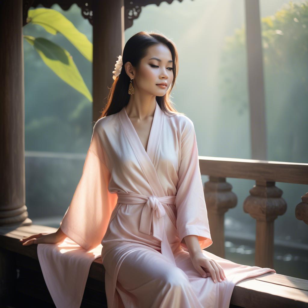 A stunning image of thai muse in delicate pastel robes bathed in gentle morning sunshine.