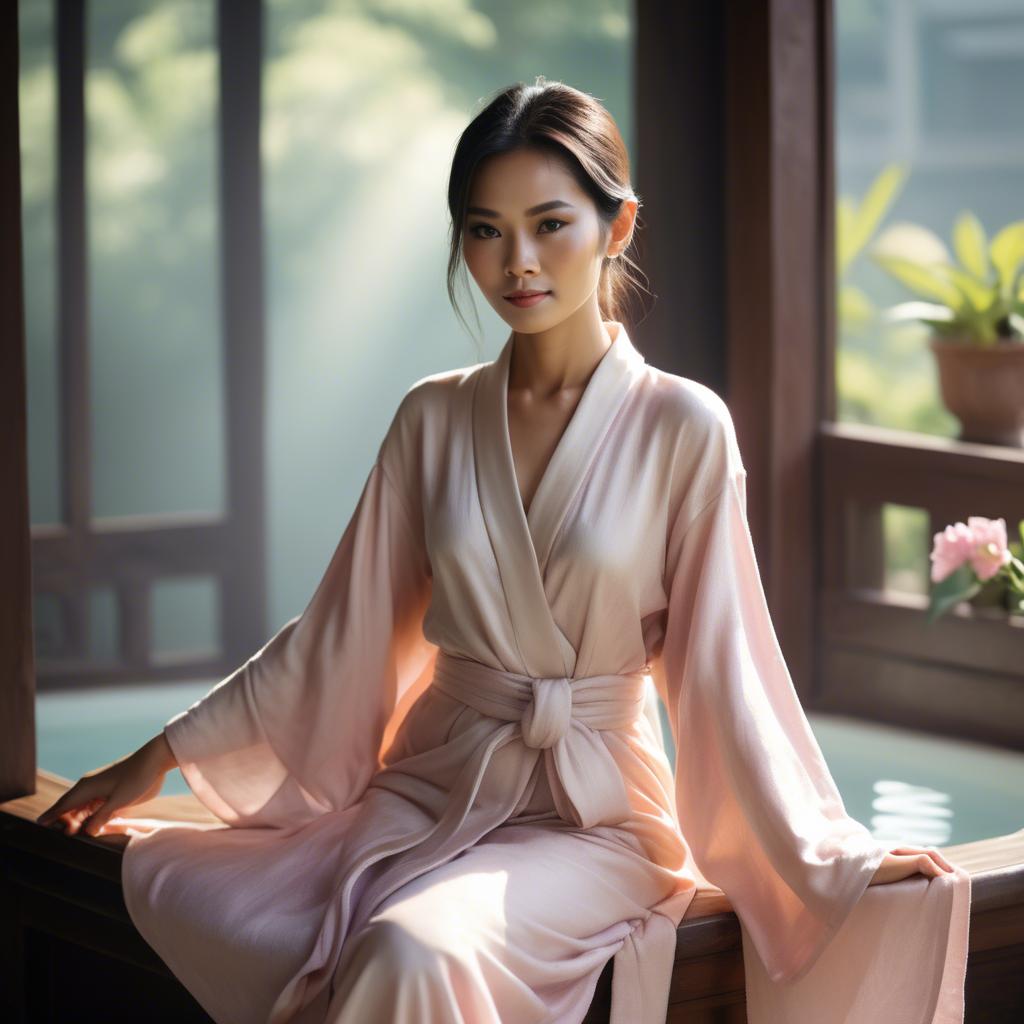 A stunning image of thai muse in delicate pastel robes bathed in gentle morning sunshine.