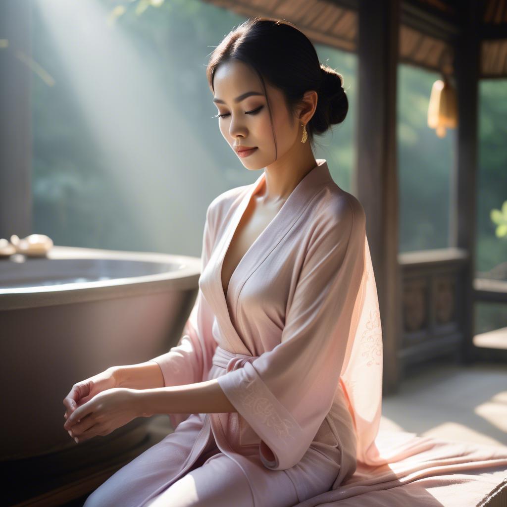 A stunning image of thai muse in delicate pastel robes bathed in gentle morning sunshine.