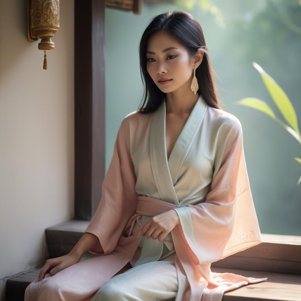 A stunning image of thai muse in delicate pastel robes bathed in gentle morning sunshine.