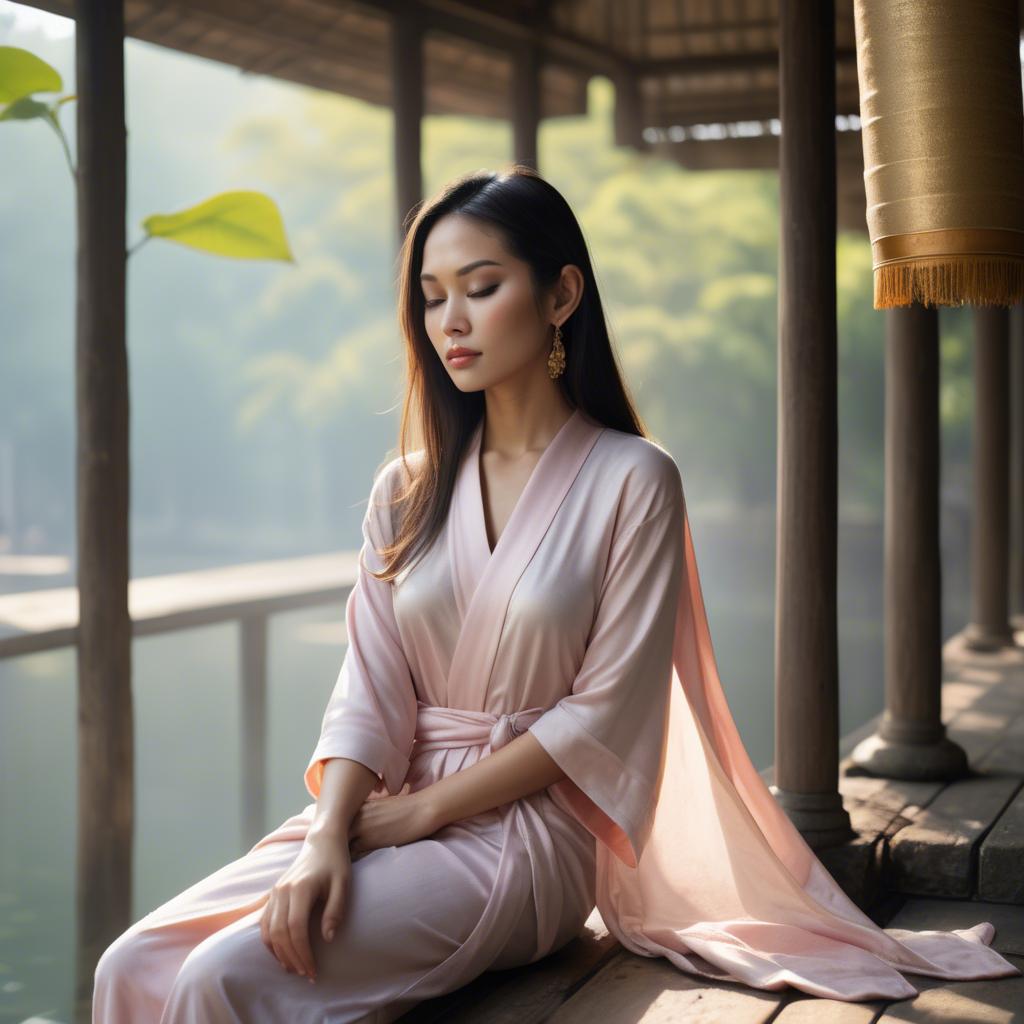 A stunning image of thai muse in delicate pastel robes bathed in gentle morning sunshine.