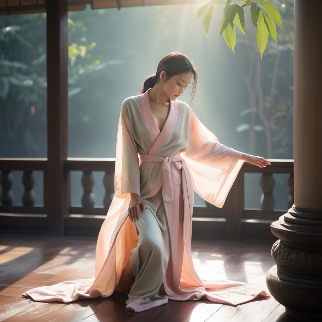 A stunning image of thai muse in delicate pastel robes bathed in gentle morning sunshine.
