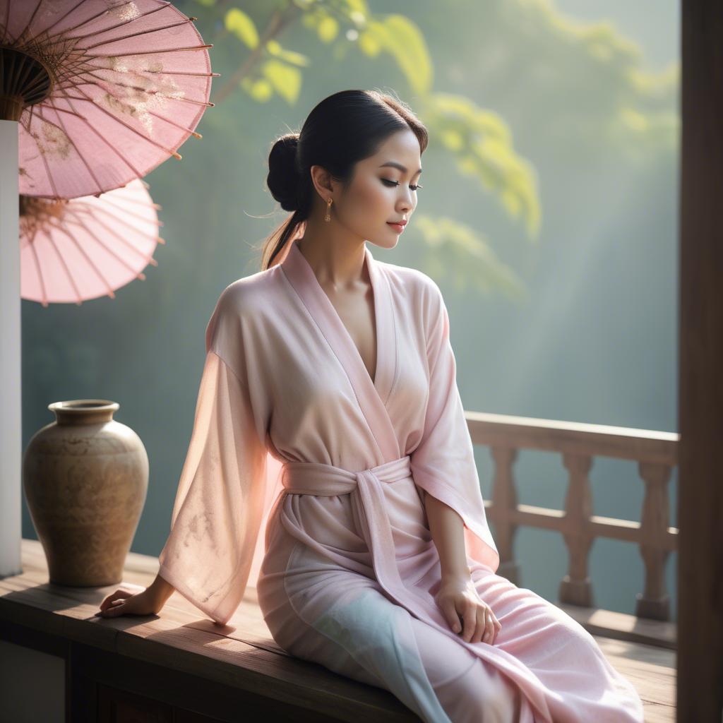 A stunning image of thai muse in delicate pastel robes bathed in gentle morning sunshine.