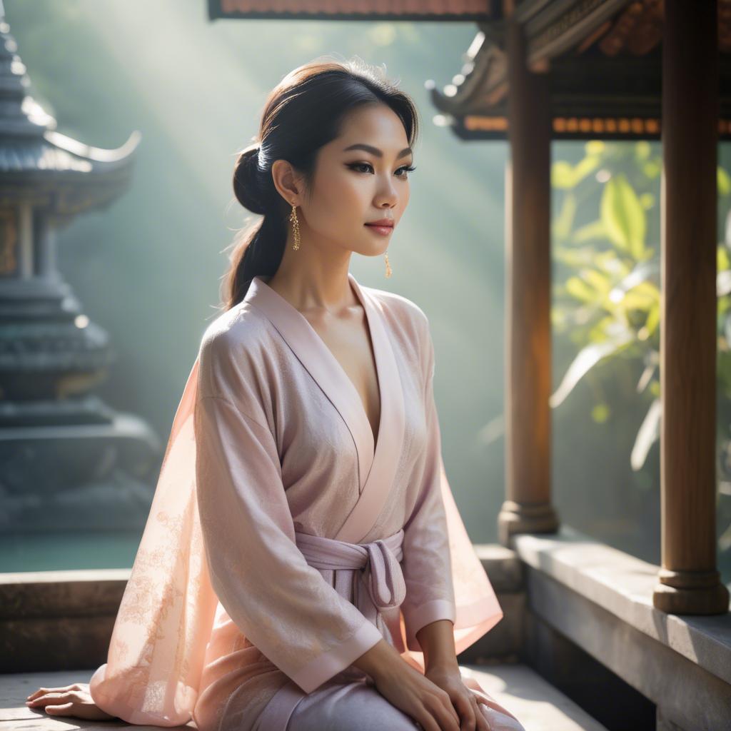 A stunning image of thai muse in delicate pastel robes bathed in gentle morning sunshine.