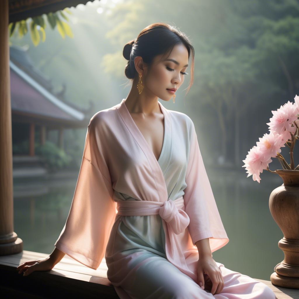 A stunning image of thai muse in delicate pastel robes bathed in gentle morning sunshine.