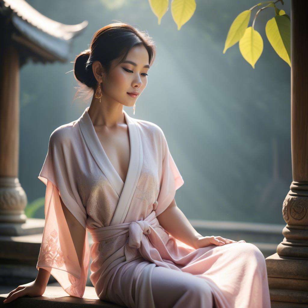 A stunning image of thai muse in delicate pastel robes bathed in gentle morning sunshine.