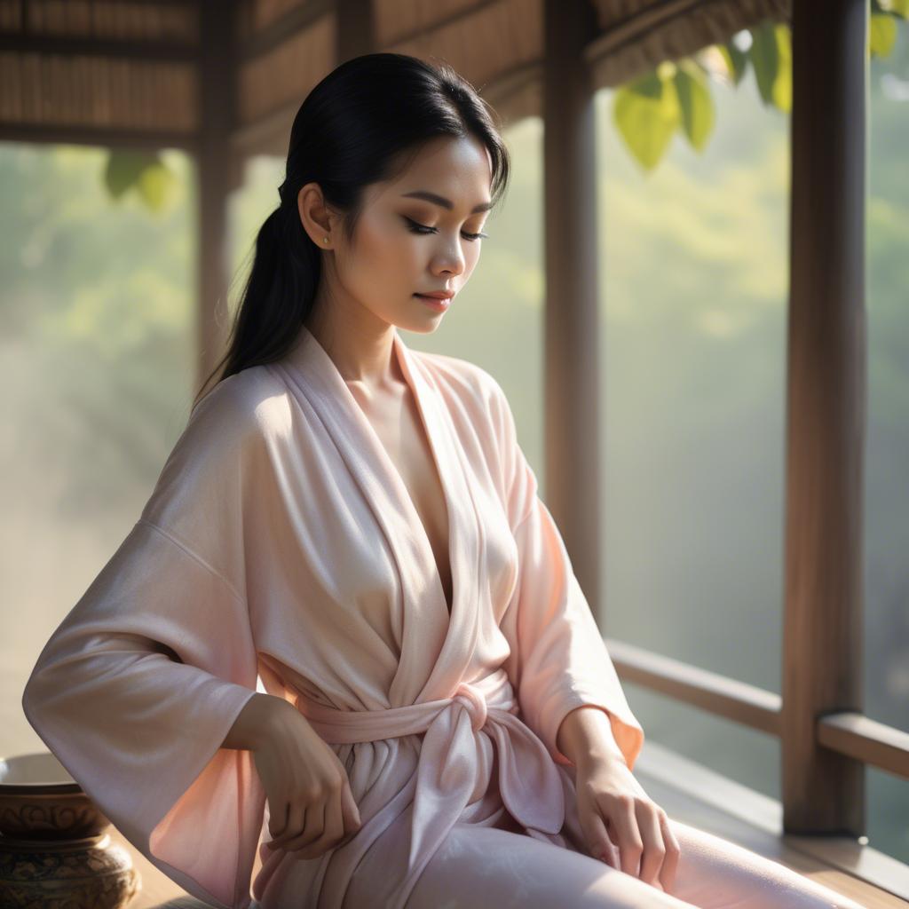 A stunning image of thai muse in delicate pastel robes bathed in gentle morning sunshine.