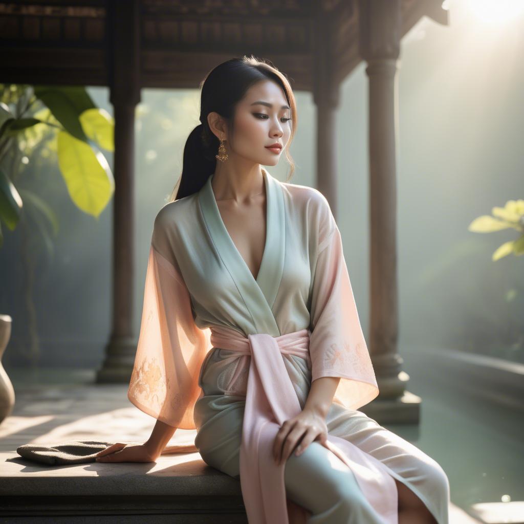 A stunning image of thai muse in delicate pastel robes bathed in gentle morning sunshine.