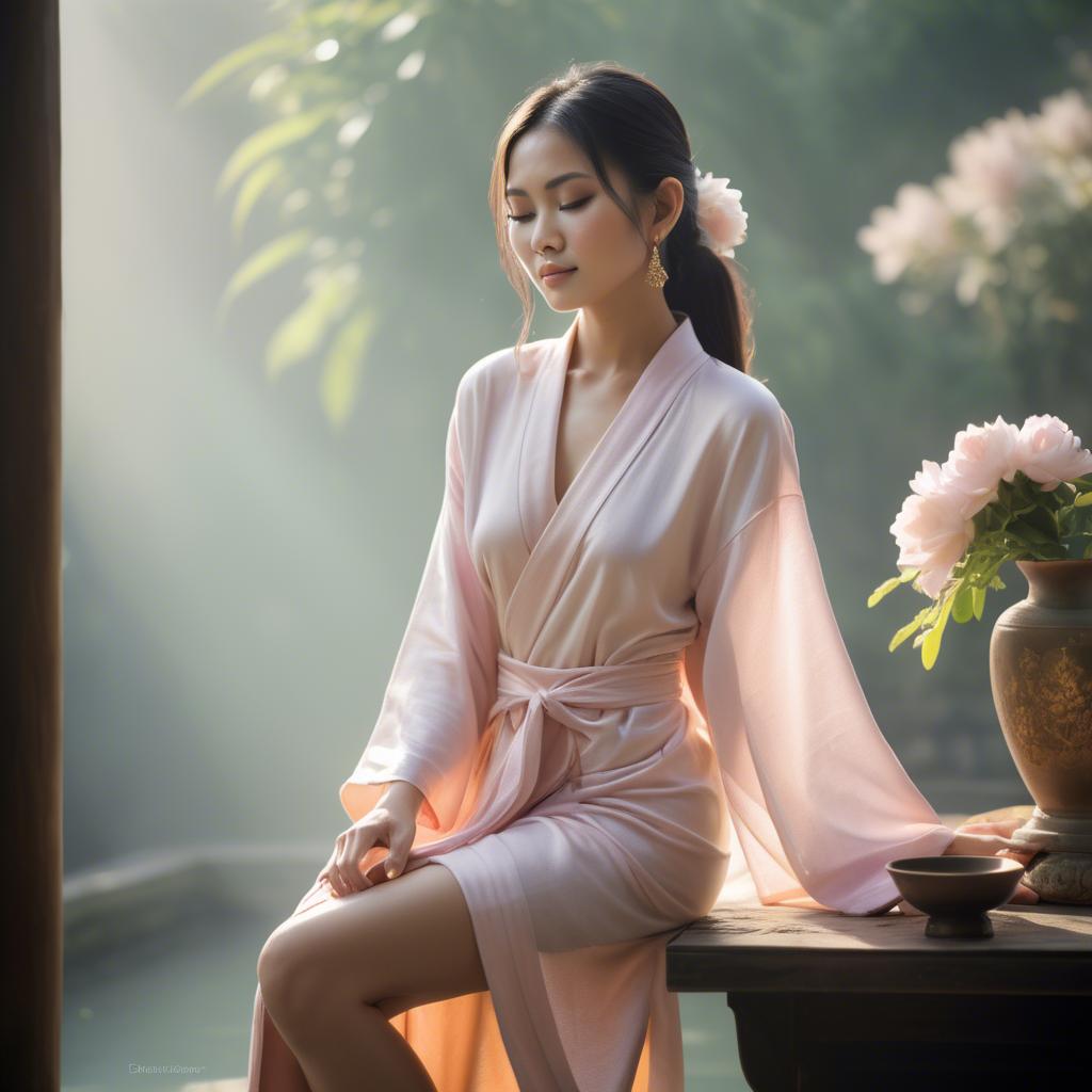 A stunning image of thai muse in delicate pastel robes bathed in gentle morning sunshine.