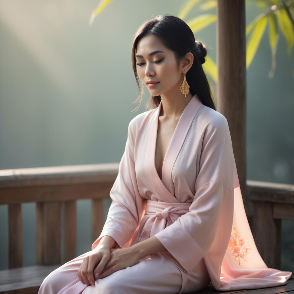 A stunning image of thai muse in delicate pastel robes bathed in gentle morning sunshine.