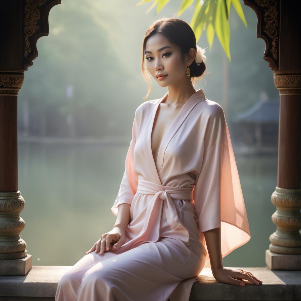 A stunning image of thai muse in delicate pastel robes bathed in gentle morning sunshine.