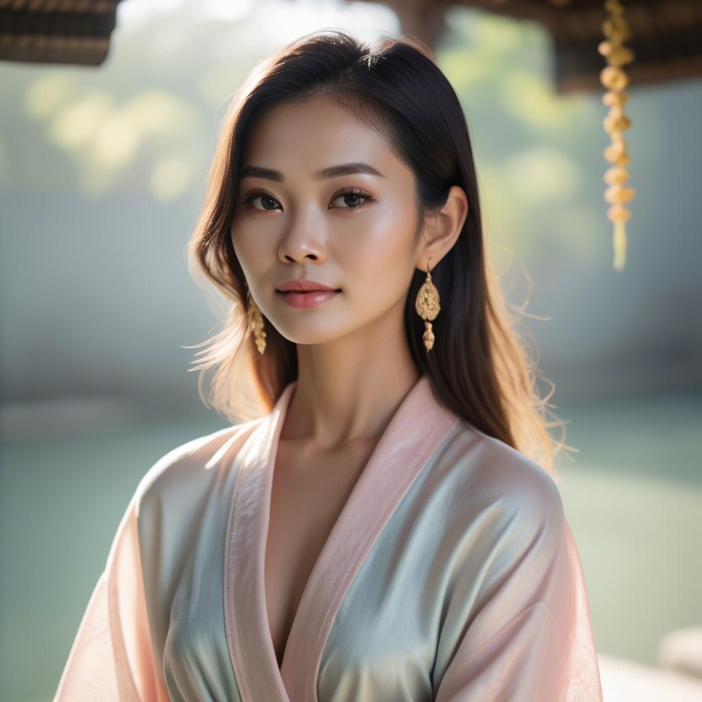 A stunning image of thai muse in delicate pastel robes bathed in gentle morning sunshine.