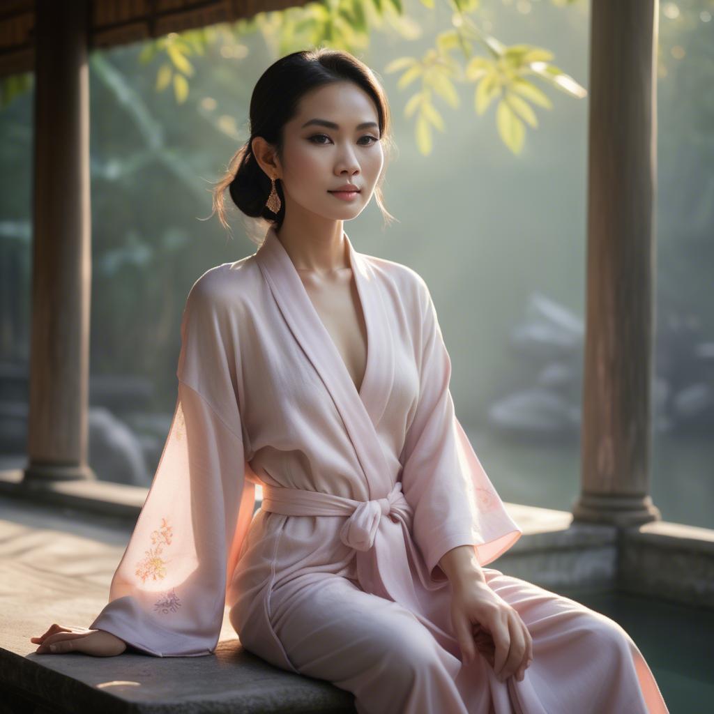 A stunning image of thai muse in delicate pastel robes bathed in gentle morning sunshine.