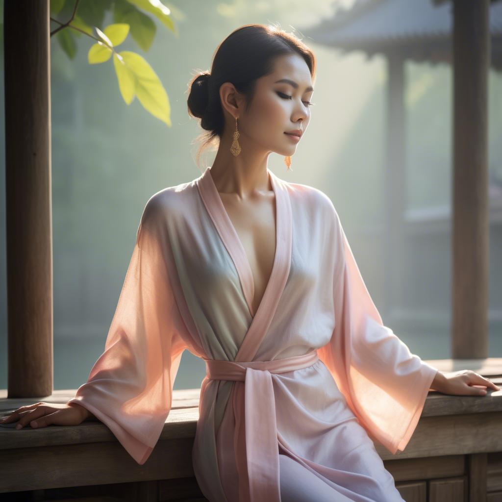 A stunning image of thai muse in delicate pastel robes bathed in gentle morning sunshine.