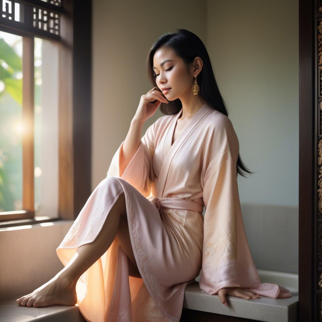 A stunning image of thai muse in delicate pastel robes bathed in gentle morning sunshine.