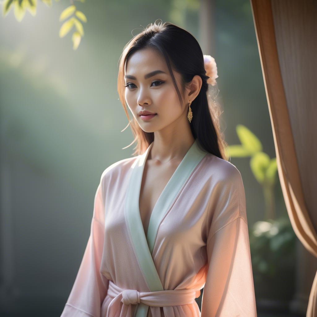 A stunning image of thai muse in delicate pastel robes bathed in gentle morning sunshine.