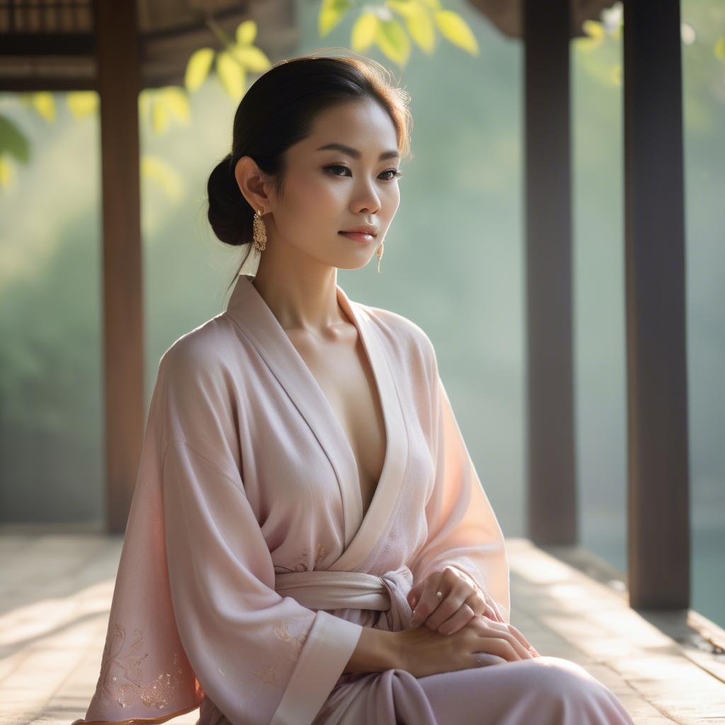 A stunning image of thai muse in delicate pastel robes bathed in gentle morning sunshine.