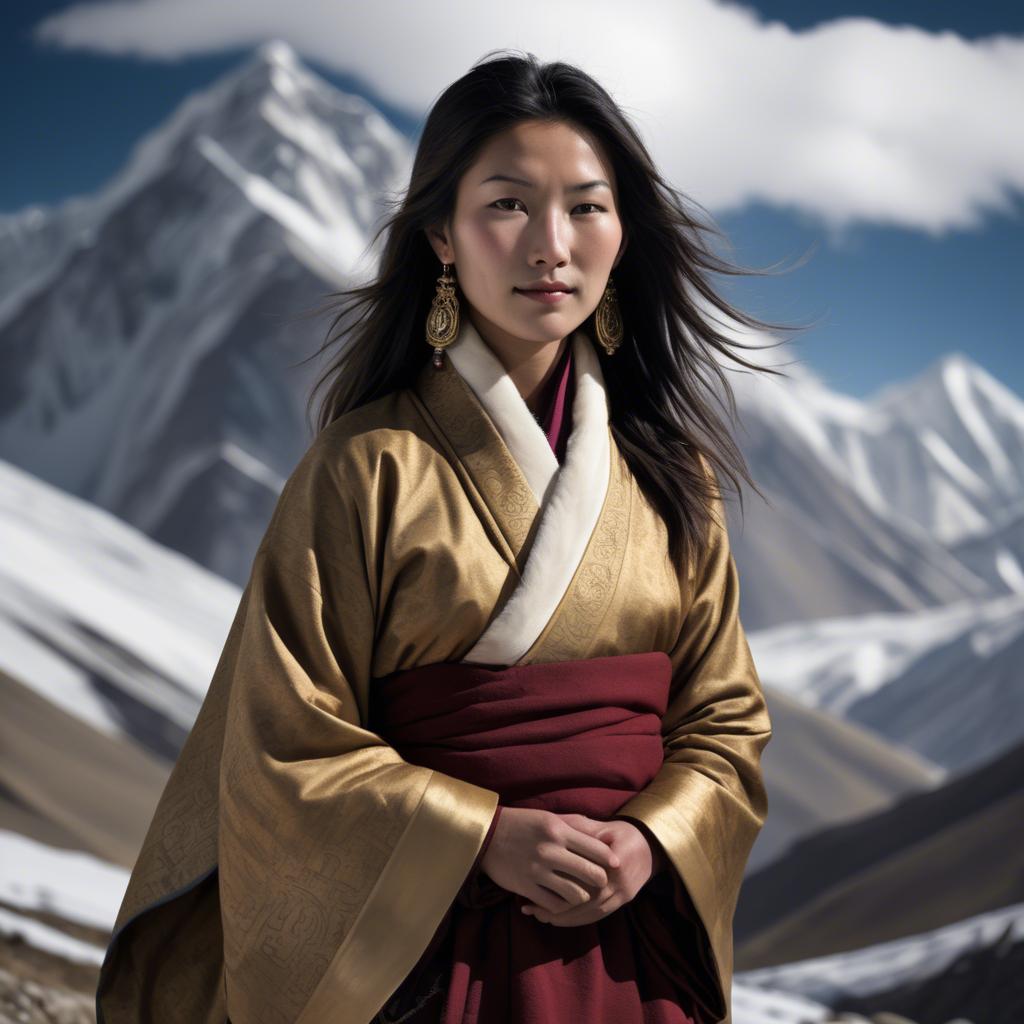A stunning image of tibetan grace in layered robes exuding a majestic high-altitude serenity.