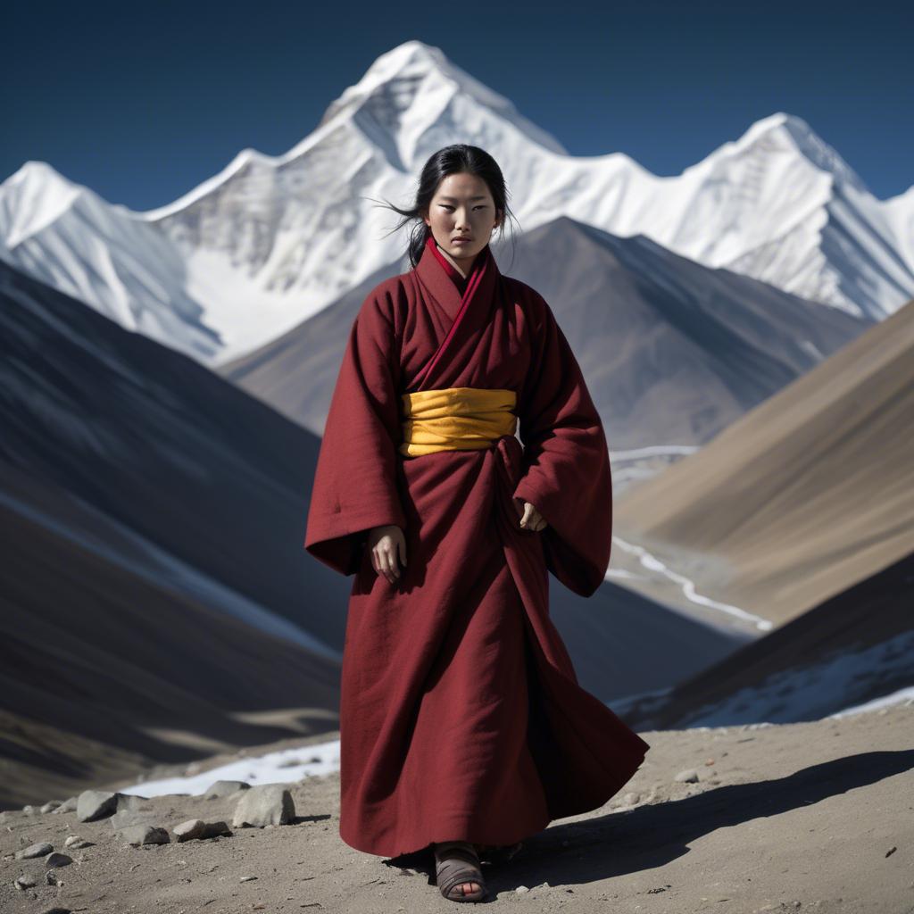 A stunning image of tibetan grace in layered robes exuding a majestic high-altitude serenity.