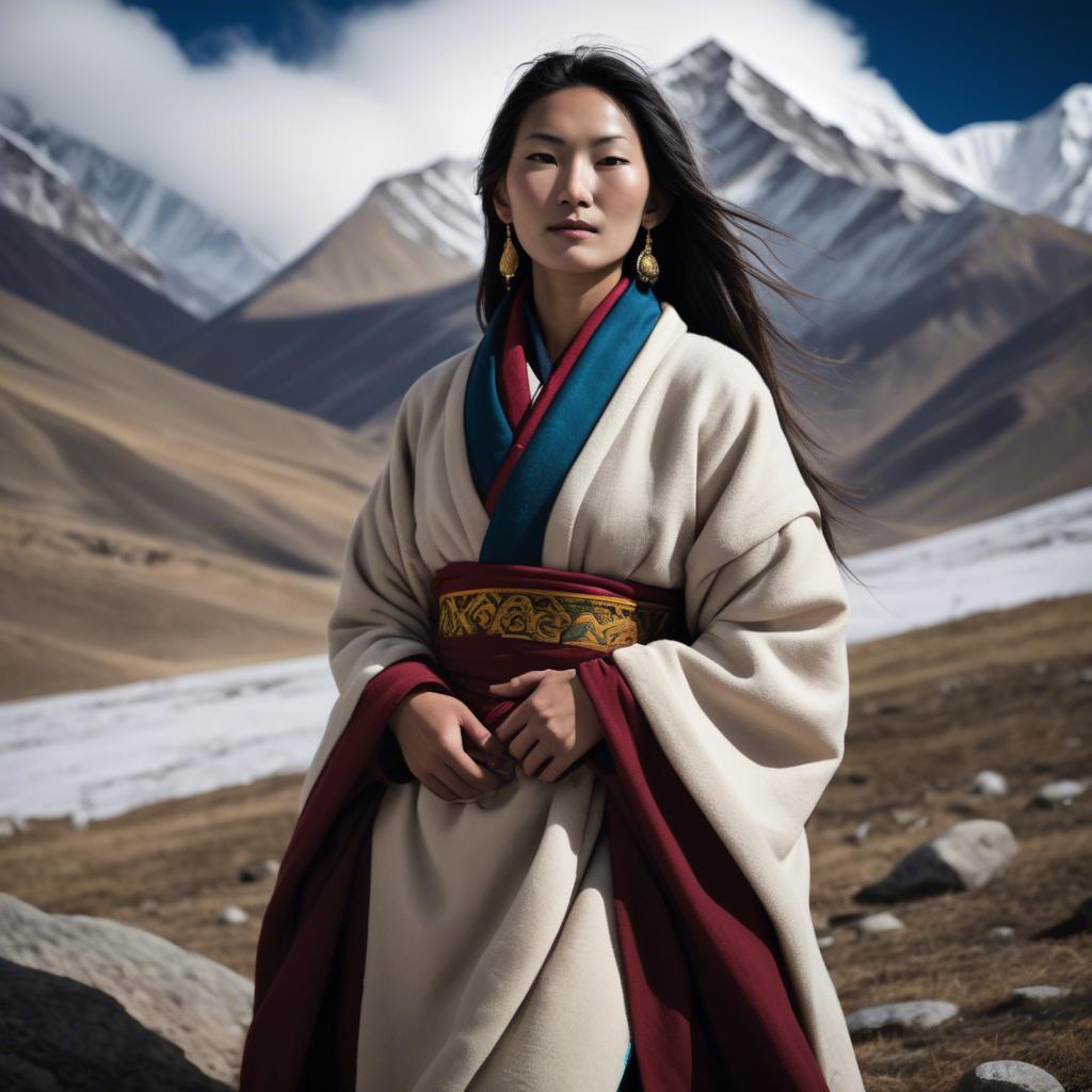 A stunning image of tibetan grace in layered robes exuding a majestic high-altitude serenity.