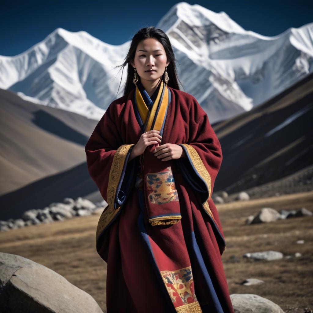 A stunning image of tibetan grace in layered robes exuding a majestic high-altitude serenity.