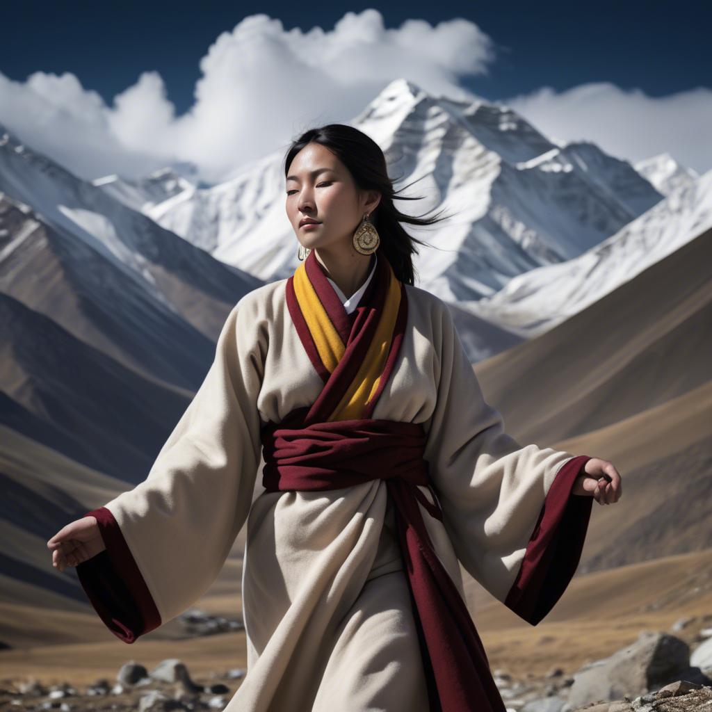 A stunning image of tibetan grace in layered robes exuding a majestic high-altitude serenity.