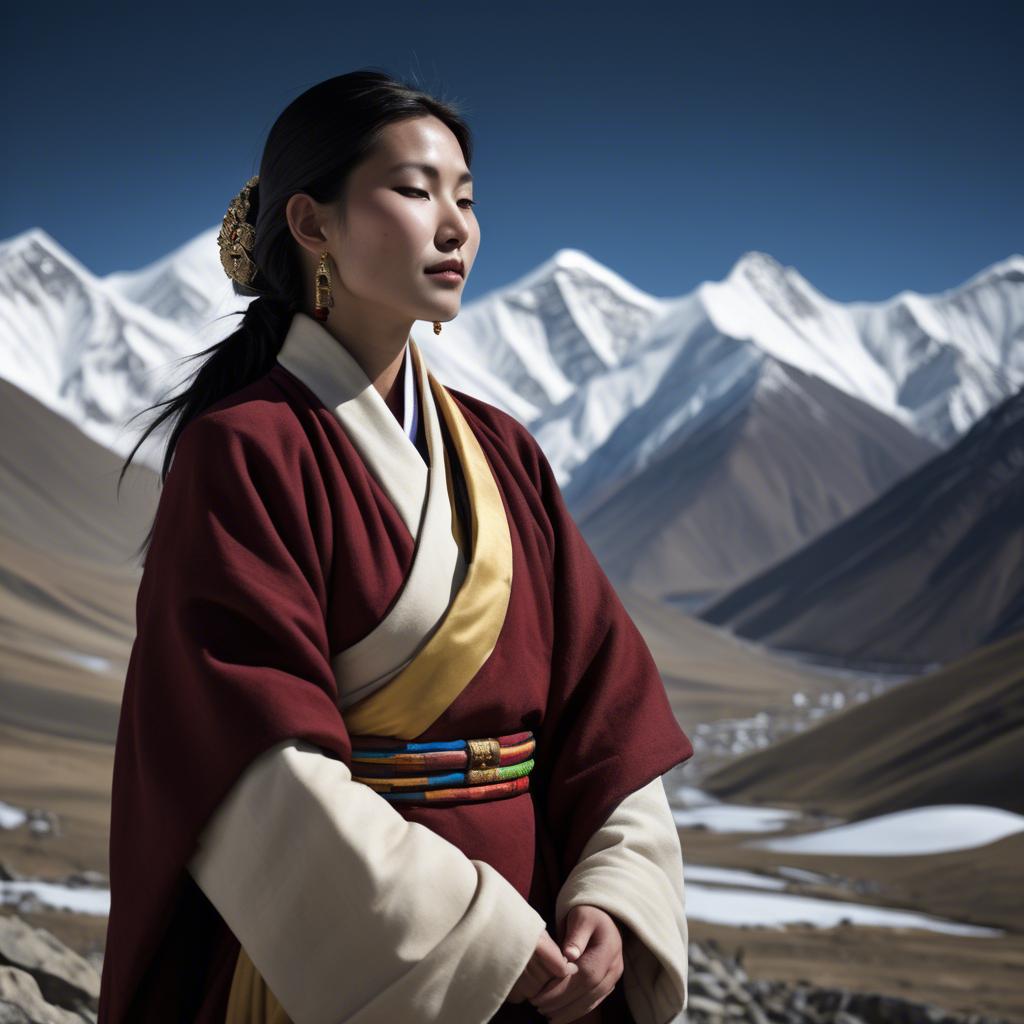 A stunning image of tibetan grace in layered robes exuding a majestic high-altitude serenity.