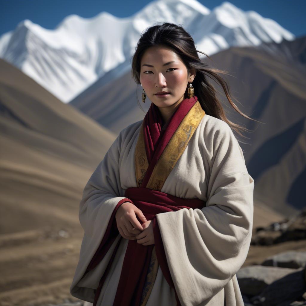 A stunning image of tibetan grace in layered robes exuding a majestic high-altitude serenity.