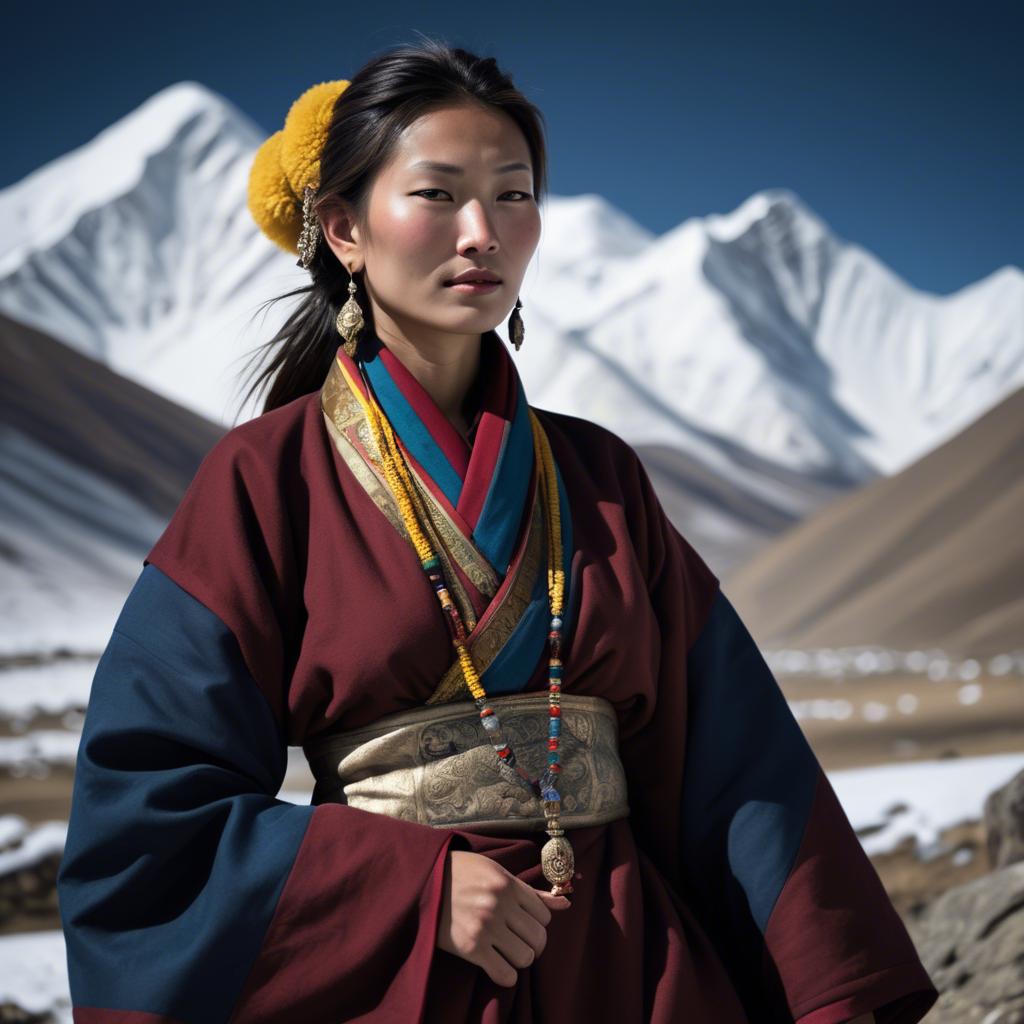 A stunning image of tibetan grace in layered robes exuding a majestic high-altitude serenity.