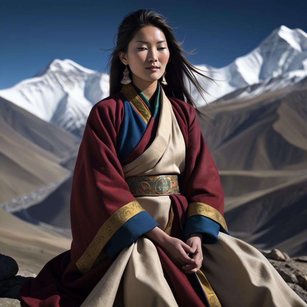A stunning image of tibetan grace in layered robes exuding a majestic high-altitude serenity.