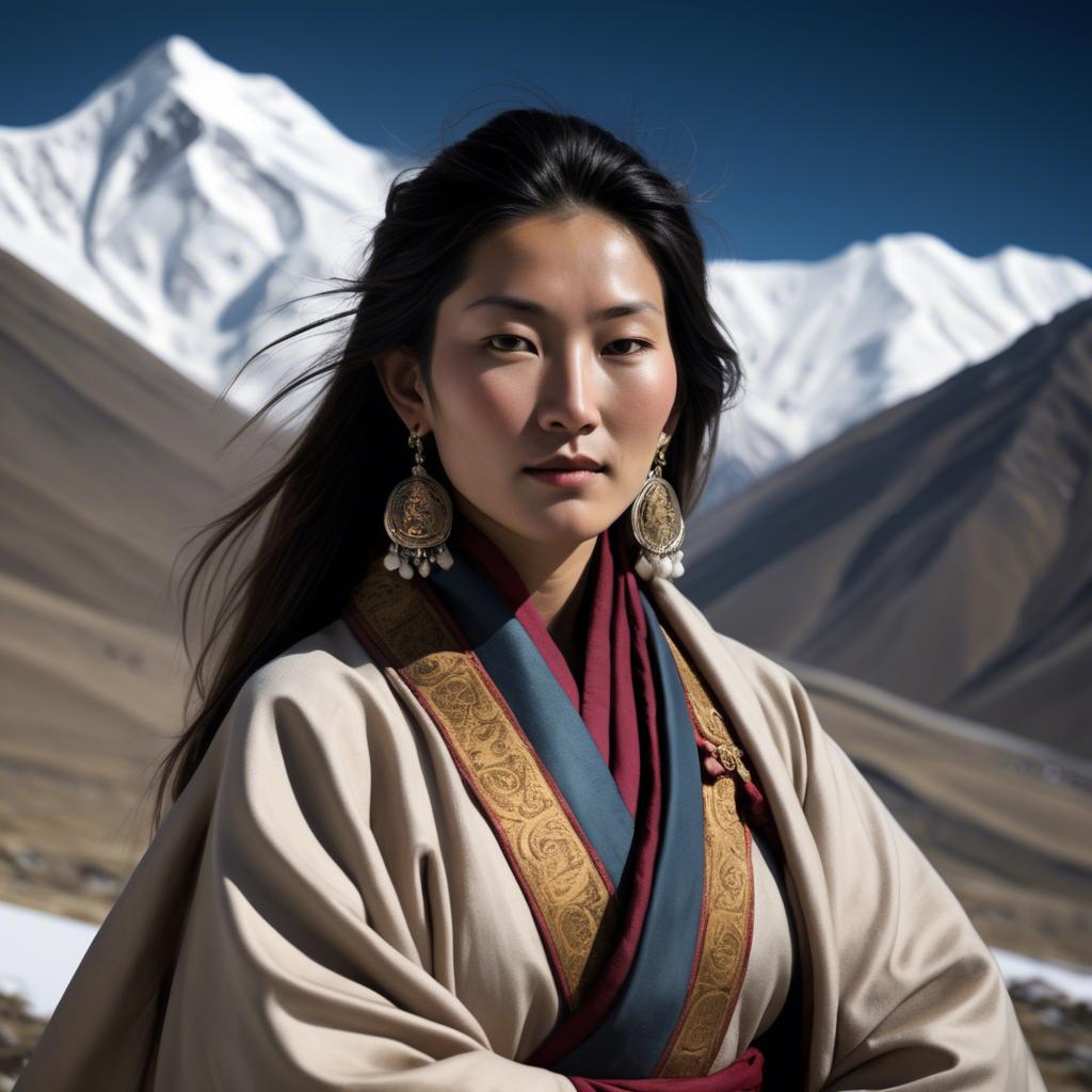 A stunning image of tibetan grace in layered robes exuding a majestic high-altitude serenity.