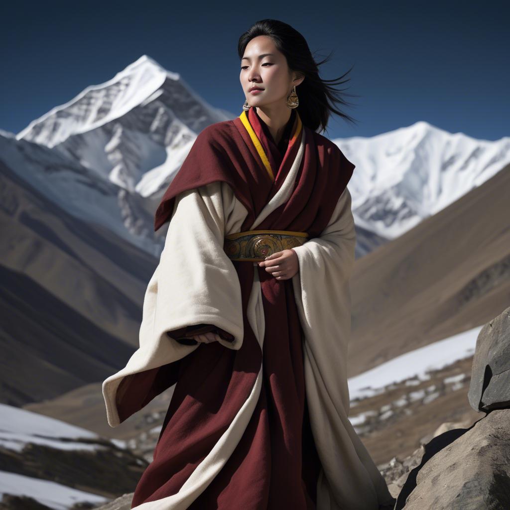 A stunning image of tibetan grace in layered robes exuding a majestic high-altitude serenity.