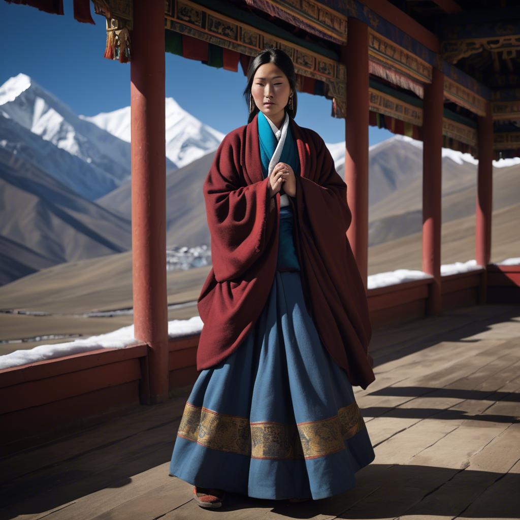 A stunning image of tibetan grace in layered robes exuding a majestic high-altitude serenity.