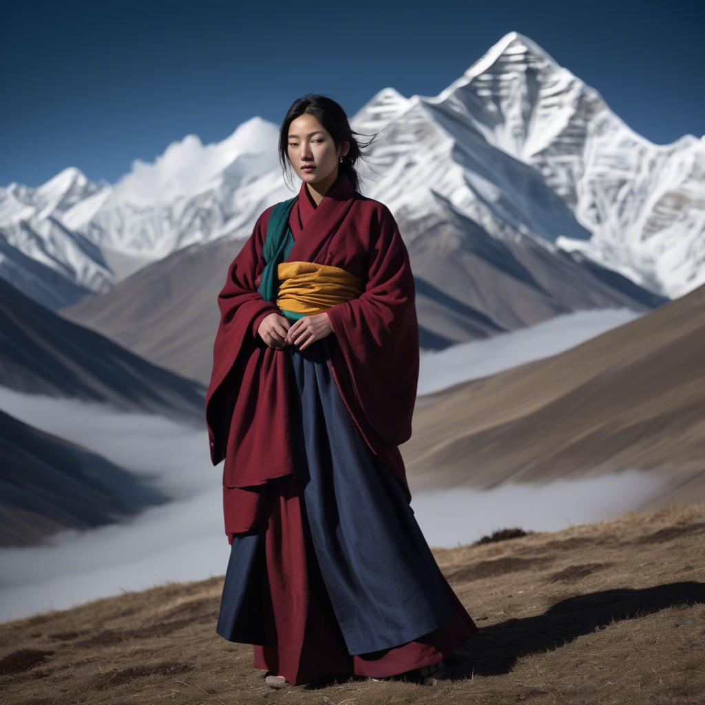 A stunning image of tibetan grace in layered robes exuding a majestic high-altitude serenity.
