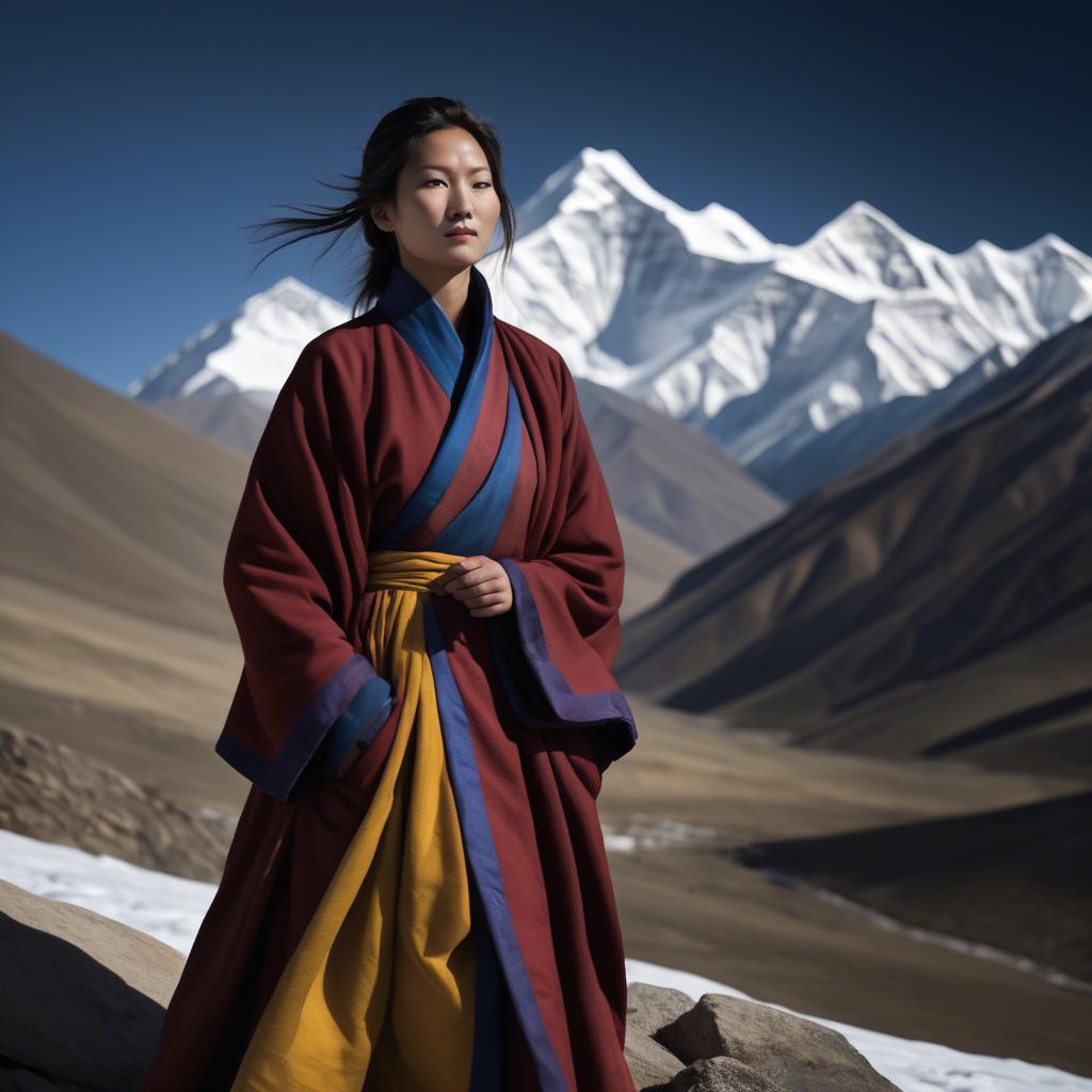A stunning image of tibetan grace in layered robes exuding a majestic high-altitude serenity.
