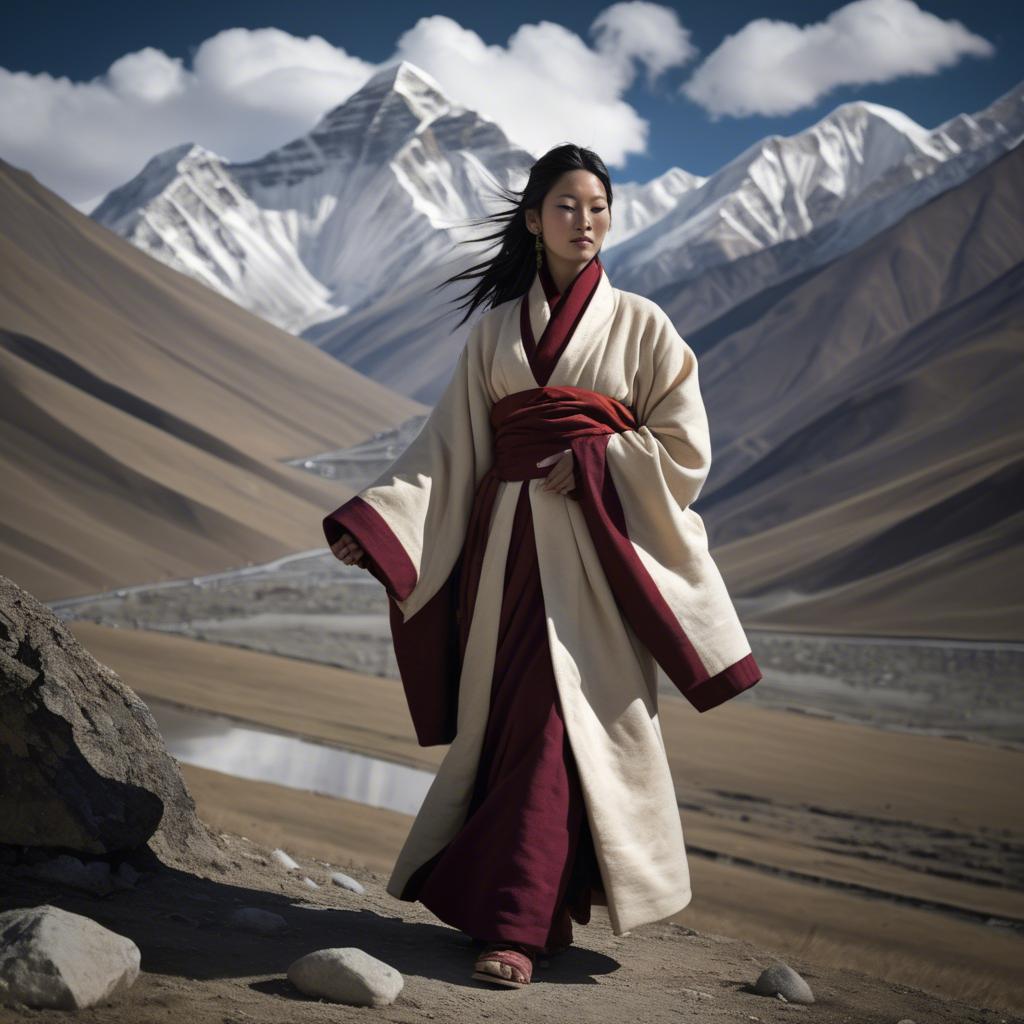 A stunning image of tibetan grace in layered robes exuding a majestic high-altitude serenity.