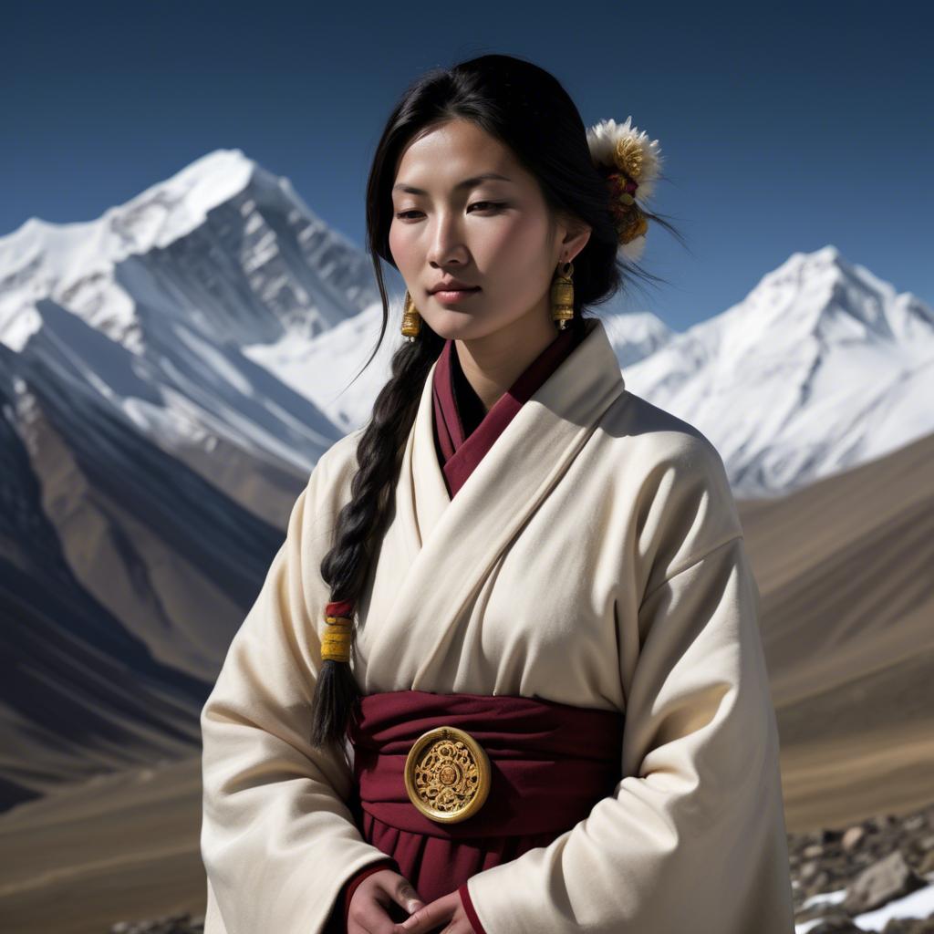A stunning image of tibetan grace in layered robes exuding a majestic high-altitude serenity.
