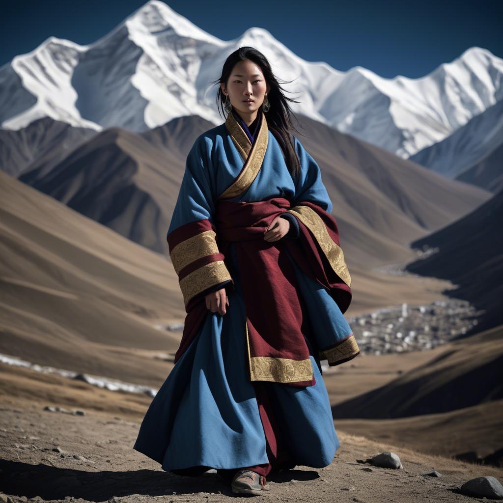 A stunning image of tibetan grace in layered robes exuding a majestic high-altitude serenity.