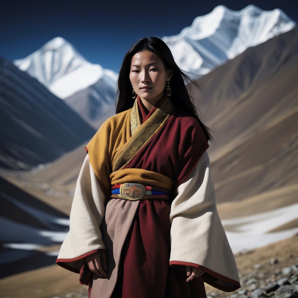 A stunning image of tibetan grace in layered robes exuding a majestic high-altitude serenity.