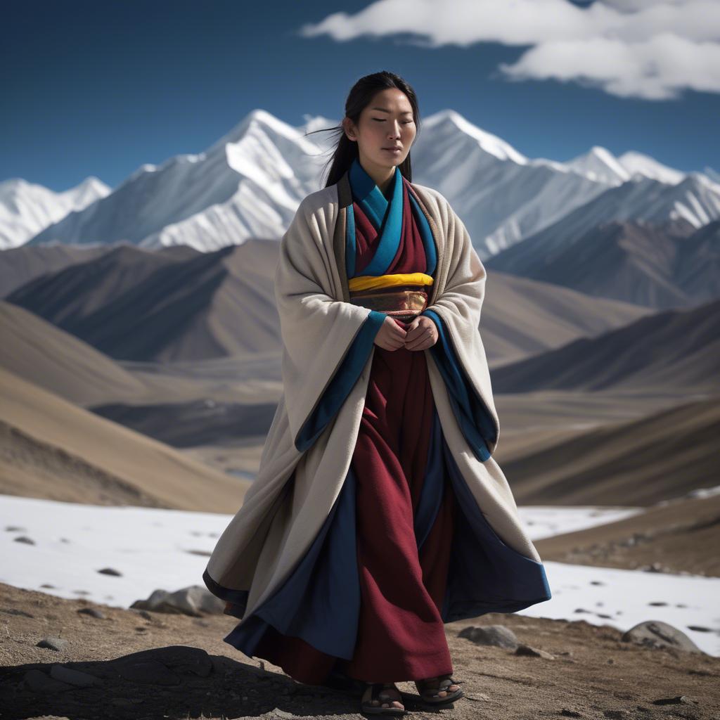 A stunning image of tibetan grace in layered robes exuding a majestic high-altitude serenity.