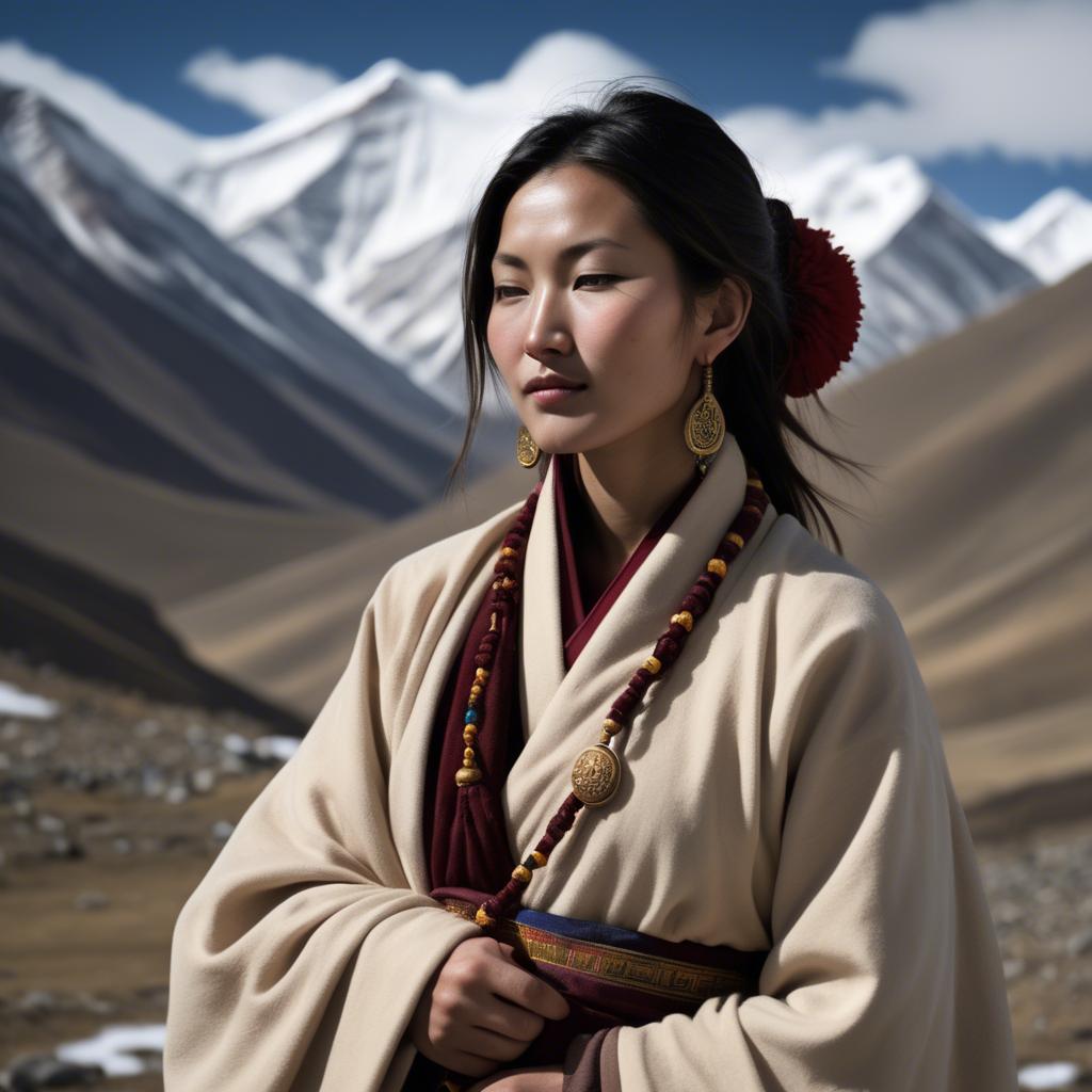 A stunning image of tibetan grace in layered robes exuding a majestic high-altitude serenity.