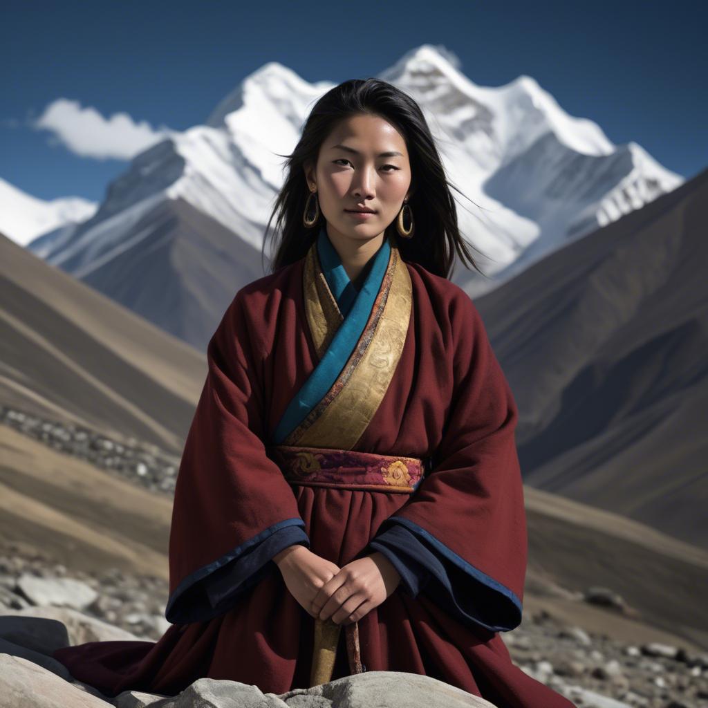 A stunning image of tibetan grace in layered robes exuding a majestic high-altitude serenity.