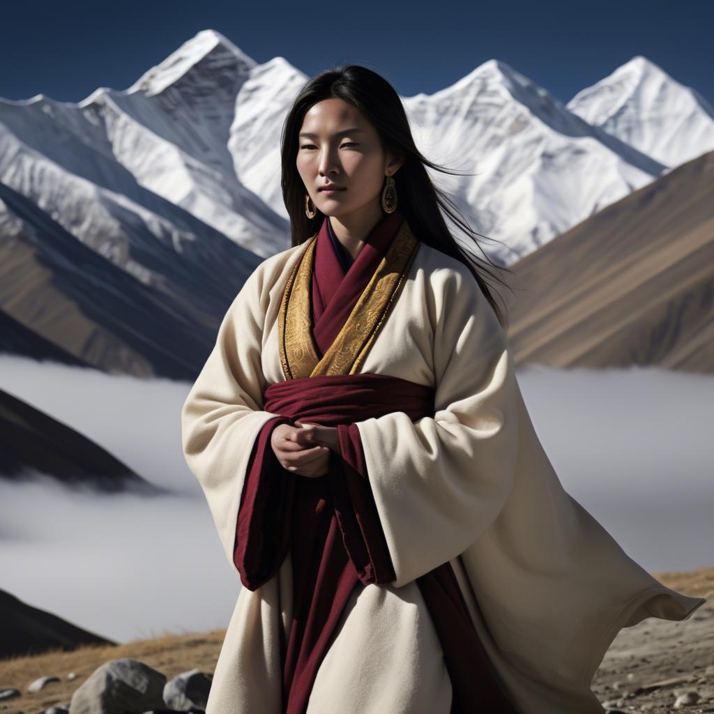 A stunning image of tibetan grace in layered robes exuding a majestic high-altitude serenity.