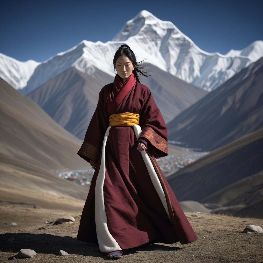 A stunning image of tibetan grace in layered robes exuding a majestic high-altitude serenity.