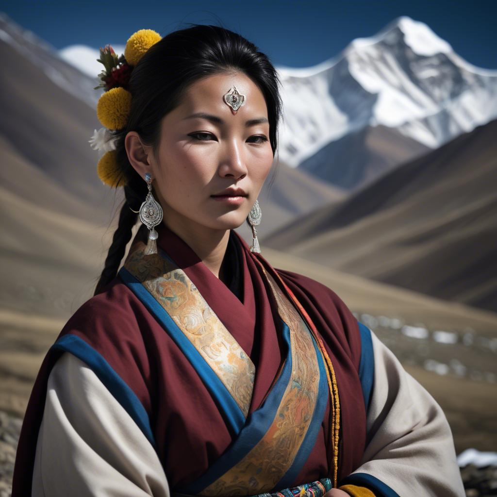 A stunning image of tibetan grace in layered robes exuding a majestic high-altitude serenity.