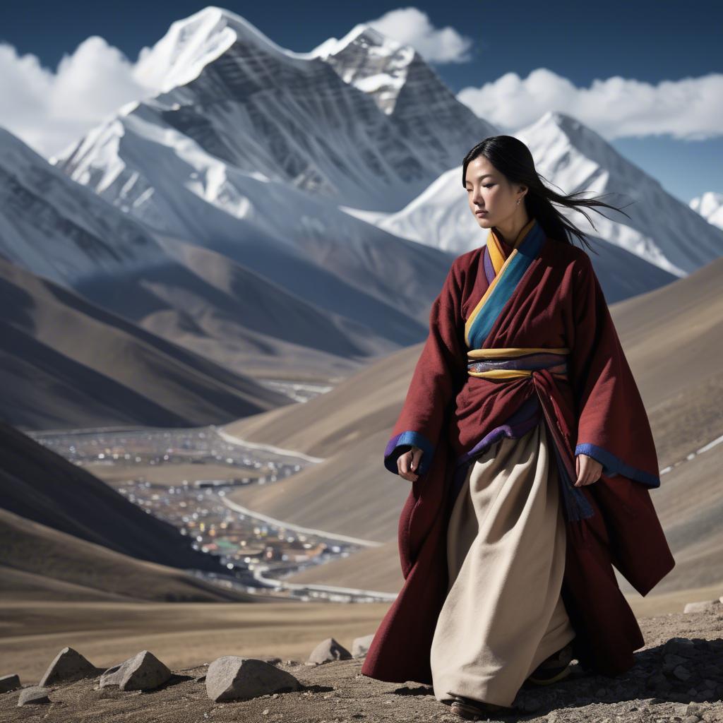A stunning image of tibetan grace in layered robes exuding a majestic high-altitude serenity.